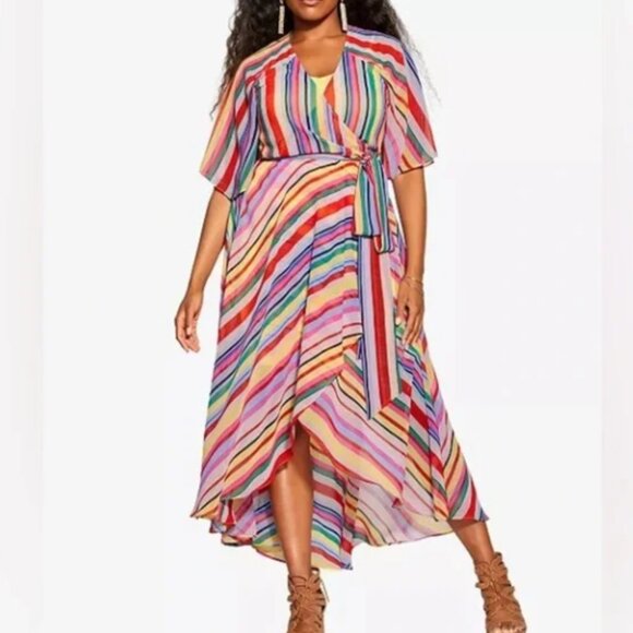 City Chic Multicolor Rainbow Maxi Wrap Dress Size L/20 - Picture 1 of 14